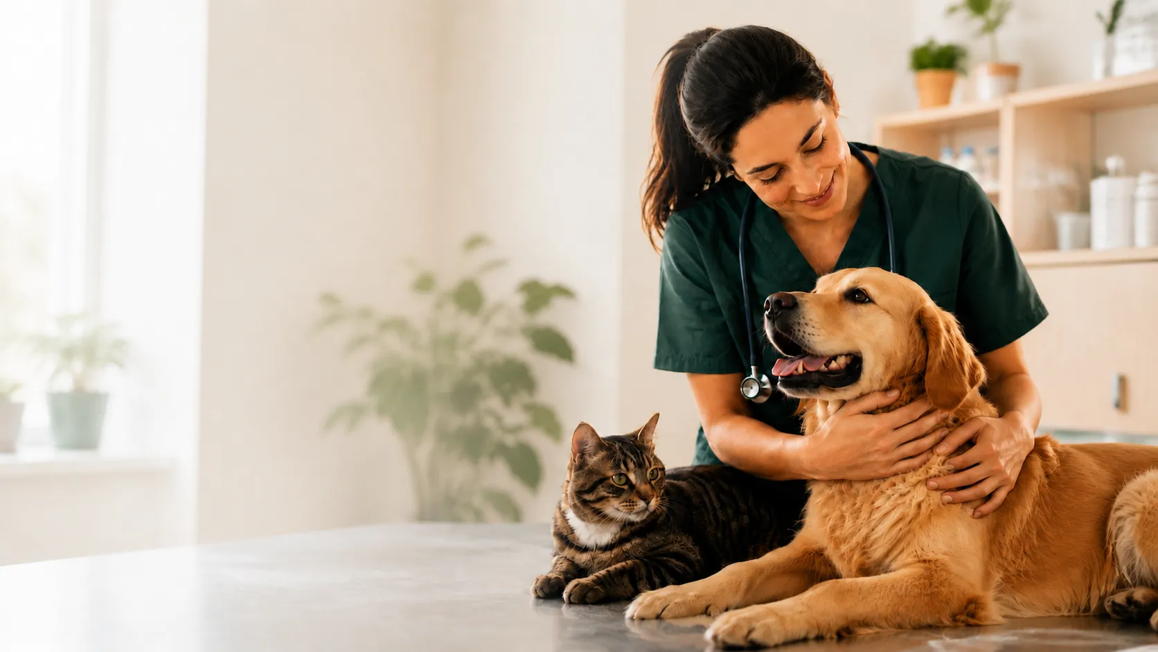 Veterinária acolhendo um cachorro, com um gato ao lado, em uma clínica veterinária